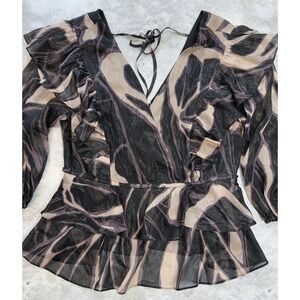 Ted Baker Blouse Womens Medium Black Beige Purple WMB JASMYNA Ruffle V Neck Top